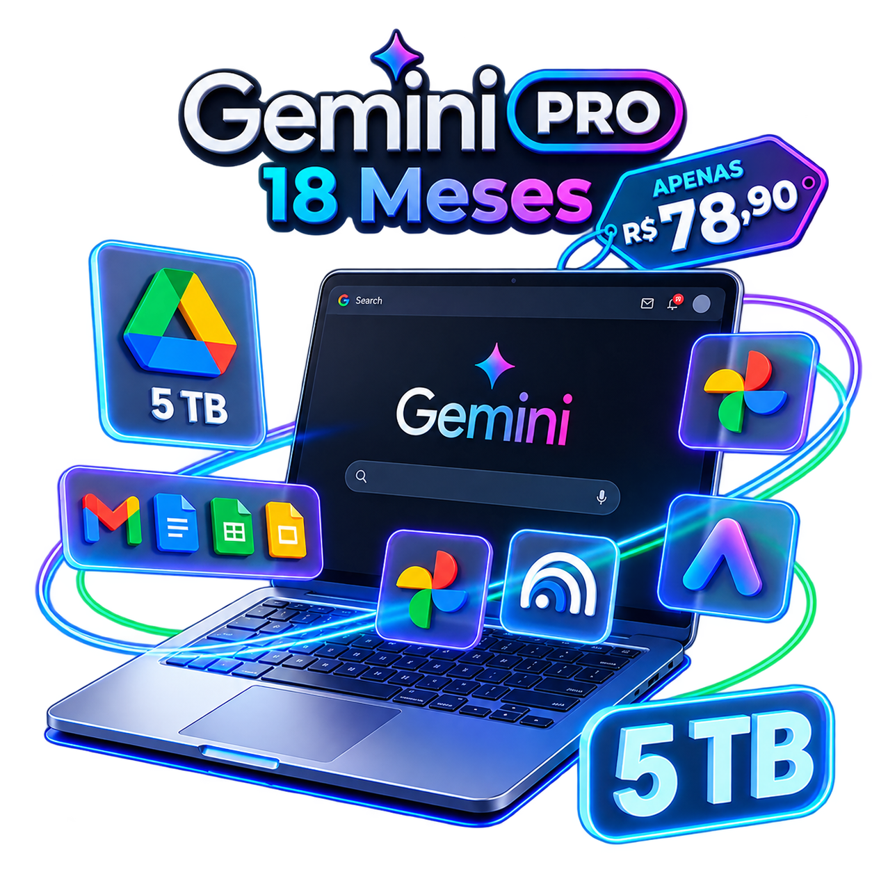Gemini Pro por 18 meses com 5 TB no Google Drive, Gmail, Docs, Sheets, Fotos e Antigravity